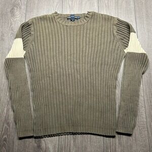 Club Monaco Womens Ribbed Knit Cotton Sweater Green Cream Stripe Distressed S